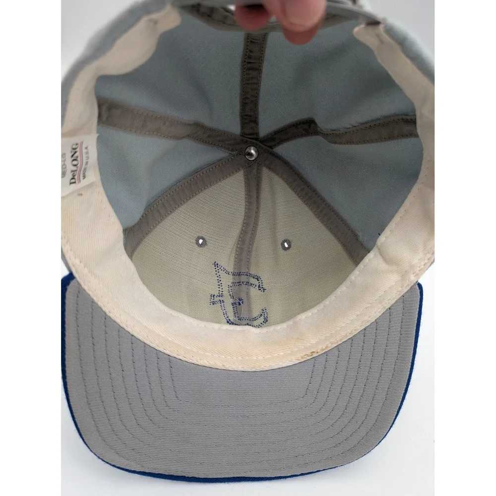 Vintage DeLONG Snapback Hat Grey Blue Letter F Baseball Cap Made in USA Med-LG